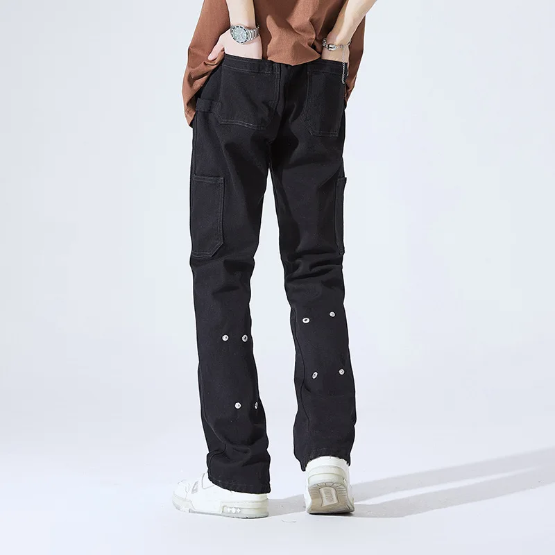 Bordado Personagens de arte Denim Pants, reta Slim Fit Jeans, Branqueada Trabalhadores Socorro, Cor Pura, Arranjo Anel De Metal, 2025