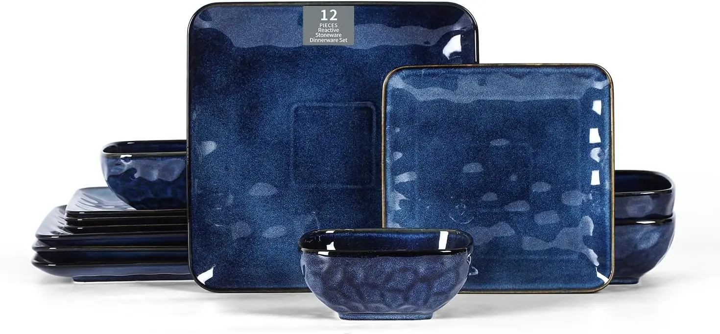 

Ceramic Square 12 Pieces Dinnerware Set - Dinner Plates Salad Plates Cereal Bowls Set Service for 4 - Scratch Resistant Microwav