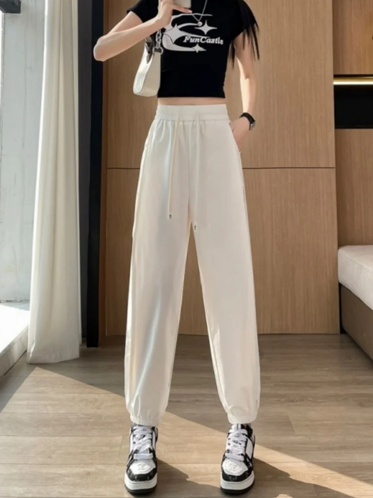ホワイトアイスシルクハイウエストルーズフィット夏薄いスポーツパンツ女性のカジュアルクイドライストレートレッグパンツ通勤スレ