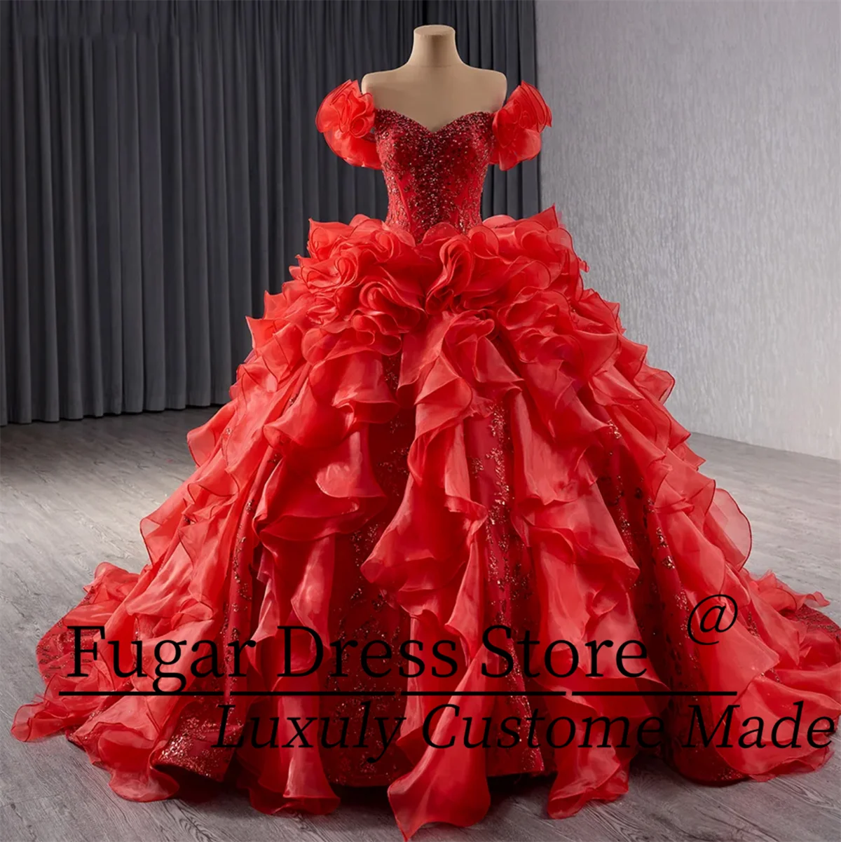 

Customized Red Quinceanera Dresse Luxuly Bead tight corset Off shoulder bubble sleeves Ball Gowns vestidos de 15 quinceañera