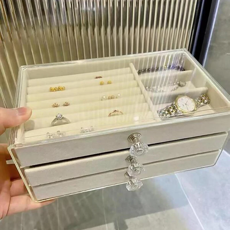 Three-Layer Jewellery Storage Box Earring Rings Necklace Large Space Jewellery Case Acrylic Organizers Velvet Holder Women Gift