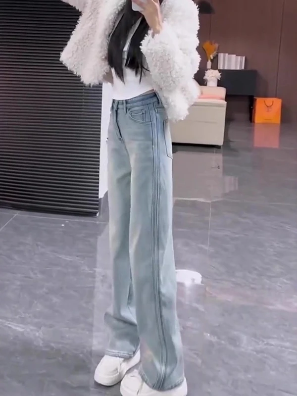 

Джинсы женские с высокой талией, прямого кроя, облегающие, из денима, весенняя новинка, большие размеры, скрывающие недостатки фигуры, свободные, универсальные, длиной в пол