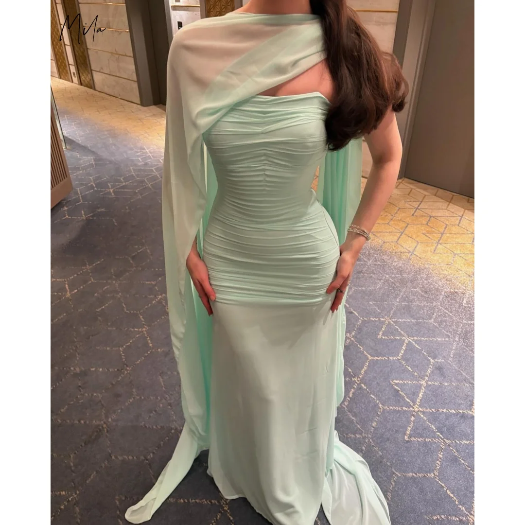 밀라 민트 그린 스트랩리스 프롬 드레스 루치드 슬림핏 롱 시어 케이프 맞춤형 정장 이브닝 가운 우아한 갈라 드레스