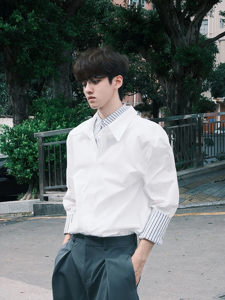 

Белый длинный све в полоску в стиле пэчворк irt, мужские ранние осенние корейские сле, свободный крой, искусственный дизайн из двух предметов, Sensation