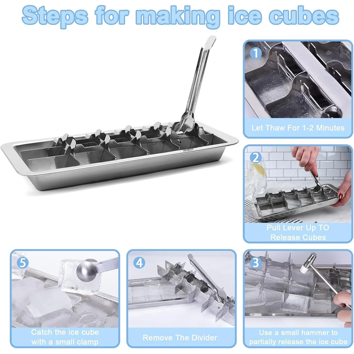 A03R Stainless Steel Trays for Freezer, Metal Ice Tray with Lever, Vintage Inspired Icecube Tray for Kitchen & Bar