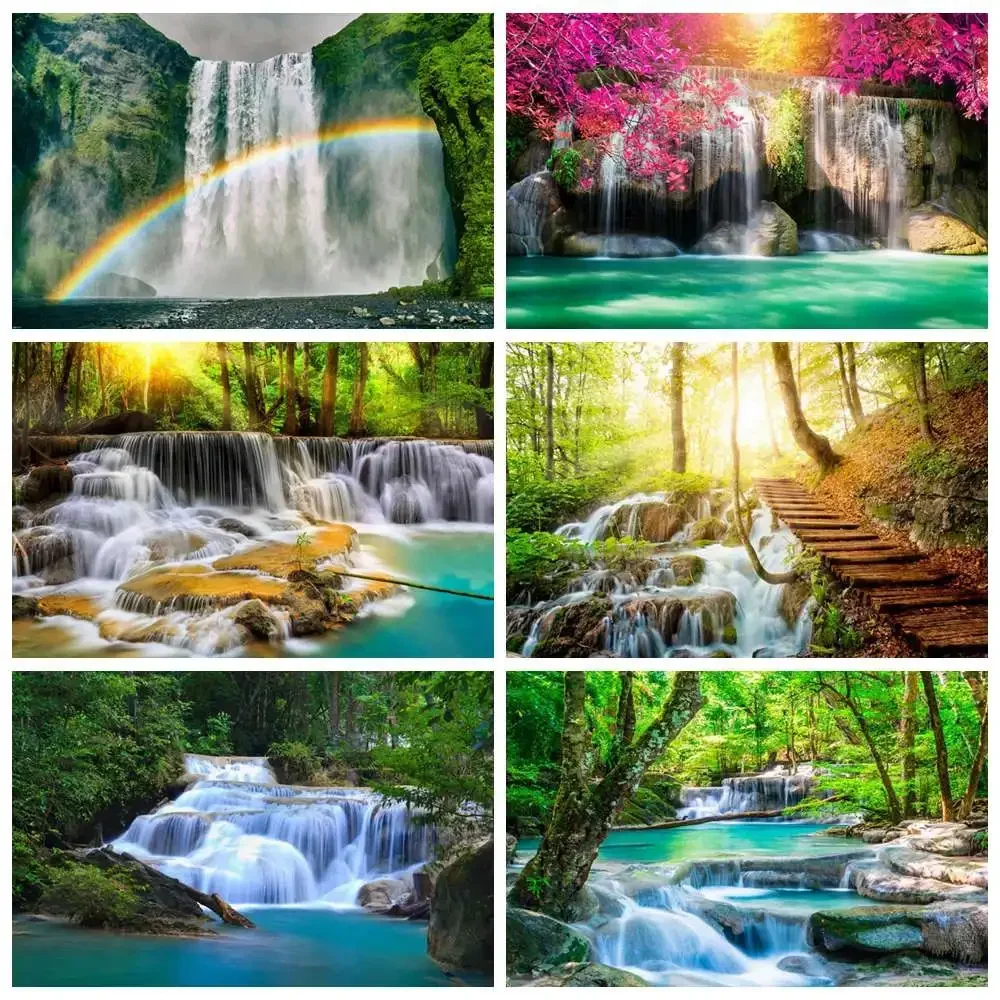 

Sunset Jungle Forest Spring Backdrop Natural Rainbow Waterfall Mountain Photo Background Green Photography Shooting Prop