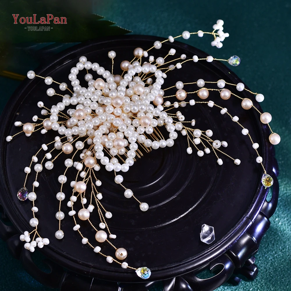 YouLaPan Pink Pearl Gold Color Hair Comb Trends Bridal Headwear Wedding Hair Jewelry Women Bride Party Hair Accessories HP723