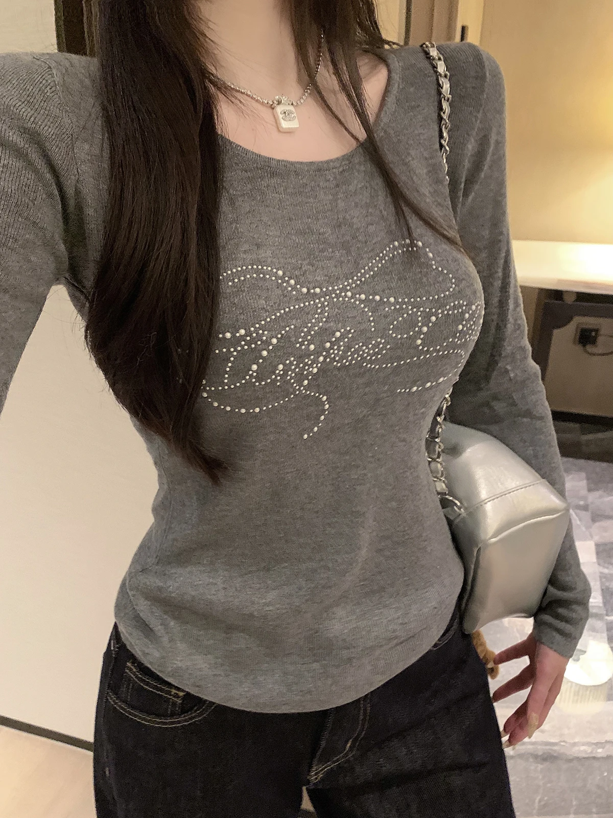 ay Pearl Wool Base irt Casual Slim Fit Long Sve round Ne Knitted Top for Women Knot Design Winter Faion