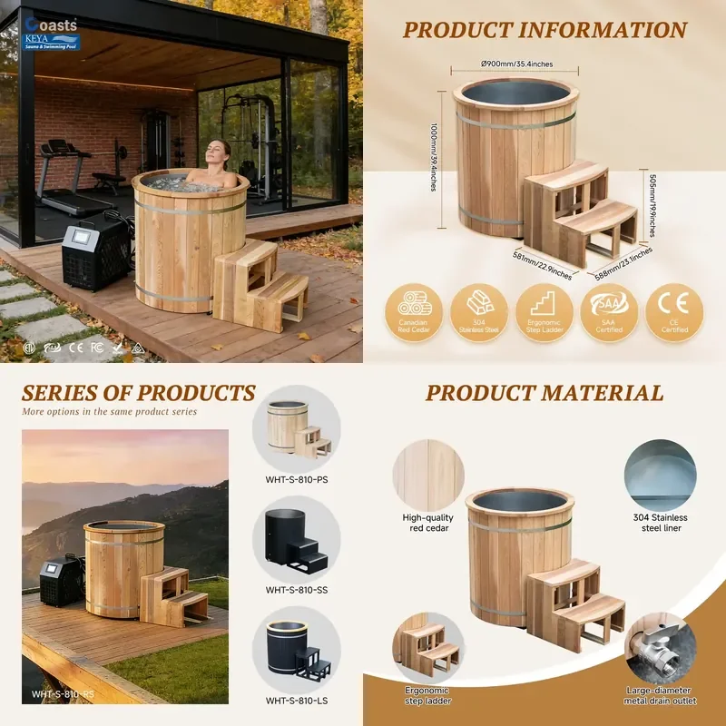 

【CHIMU HOME】 Red Cedar Cold Plunge Tub 65 Gallon with Built-in Chiller and Filtration System for Home Recovery