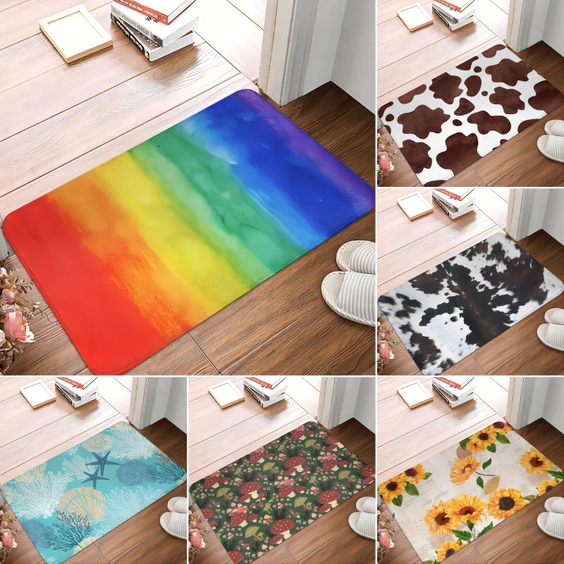 Rainbow Color Floor Door Mat Flower Printed Non Slip Kitchen Rug for Home Living Room Decor Washable Bathroom Entrance Carpets