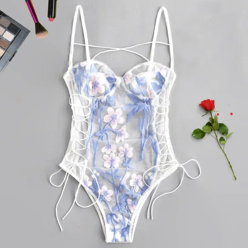 SN55Embroidered Women's Lace One-piece Bodysuit Underwear with Spaghetti Strap Open Back Sexy Girl Bra Set Temptation Onesi$5Q@1