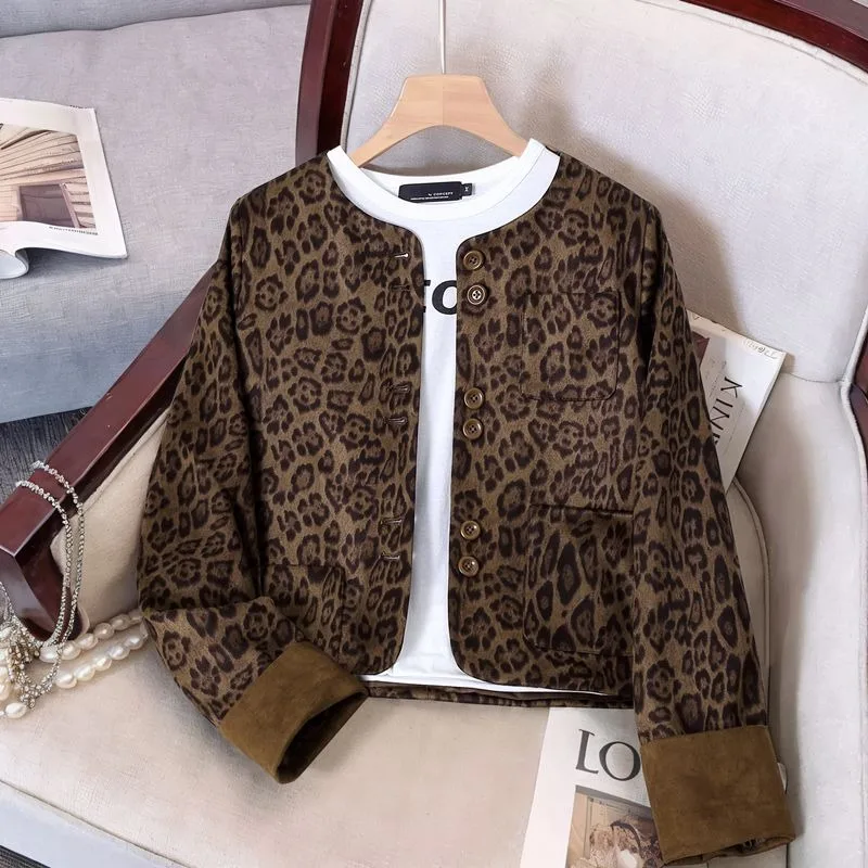 Women's Leopard Print Short Patchwork Color Blocking Coat Spring Autumn New High-end Top Jacket Coat Women Jacket Winter