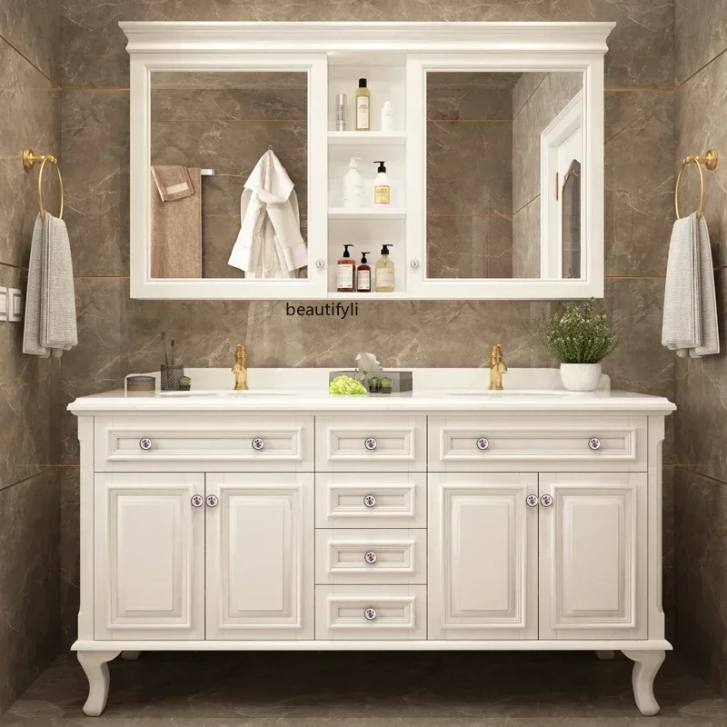 

American-Style Bathroom Cabinet Combination Solid Wood Bathroom Cabinet Washstand Marble Countertop Floor Cabinet