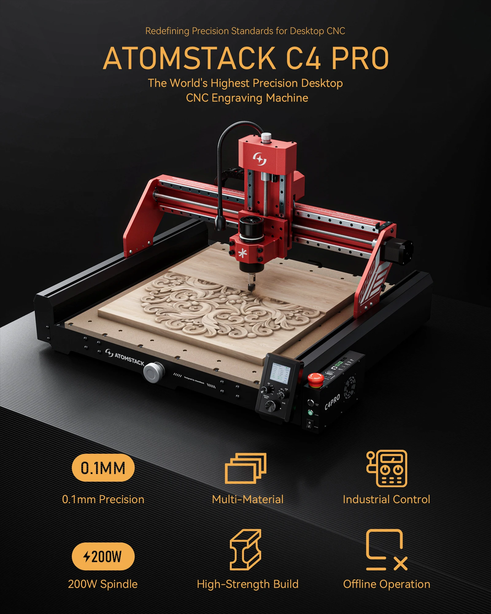 Atomstack C4 PRO CNC Router Kit 3 Axis Plastic Acrylic PCB PVC Wood 3D Carving Milling Engraving Machine Offline Control 40*40cm