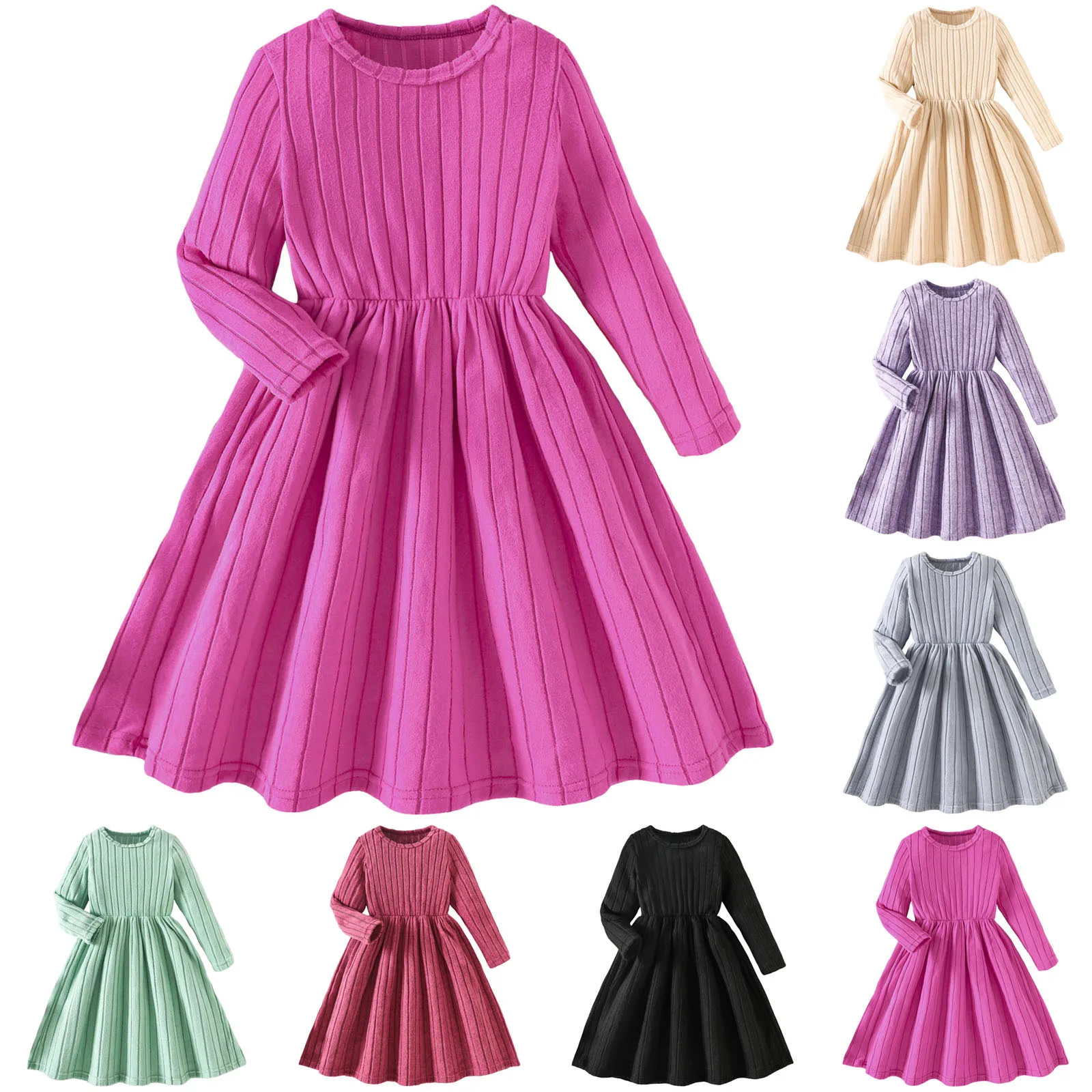 

Girls Crew Neck Dress Ribbed Fashion Classic Skin-Friendly Breathable Comfortable Long Sleeve A Line Dress Solid Color Dresses