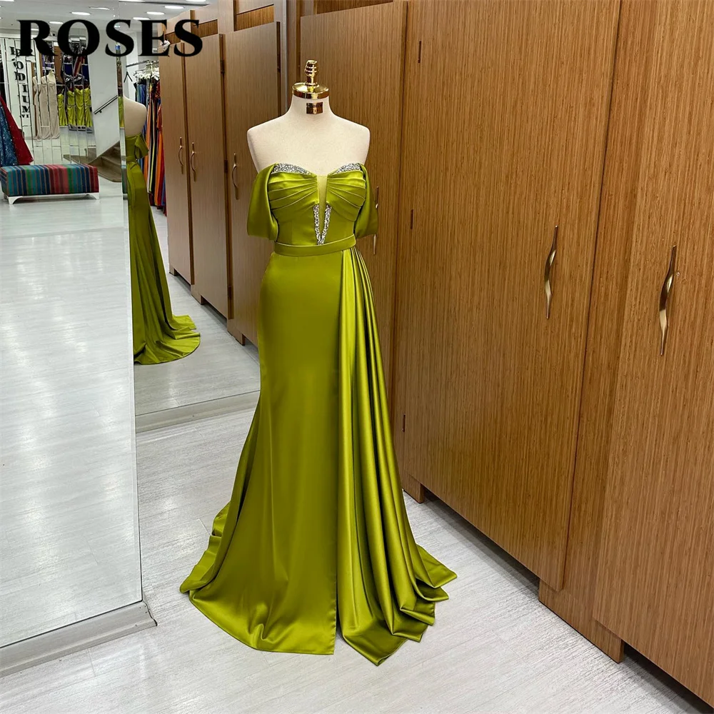 ROSES Olive Green Prom Dress Chic Off The Shoulder Evening Dress Sexy Mermaid Satin Party Dress With Pleats Crystal فستان سهرة