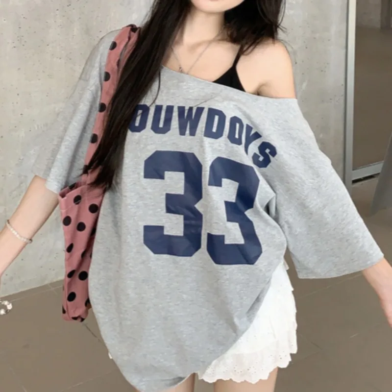 Chic T-shirts for Women Short Sleeve Korean Style Baggy Cool Girls Sexy Skew Collar Off Shoulder Niche Letter All-match Vintage