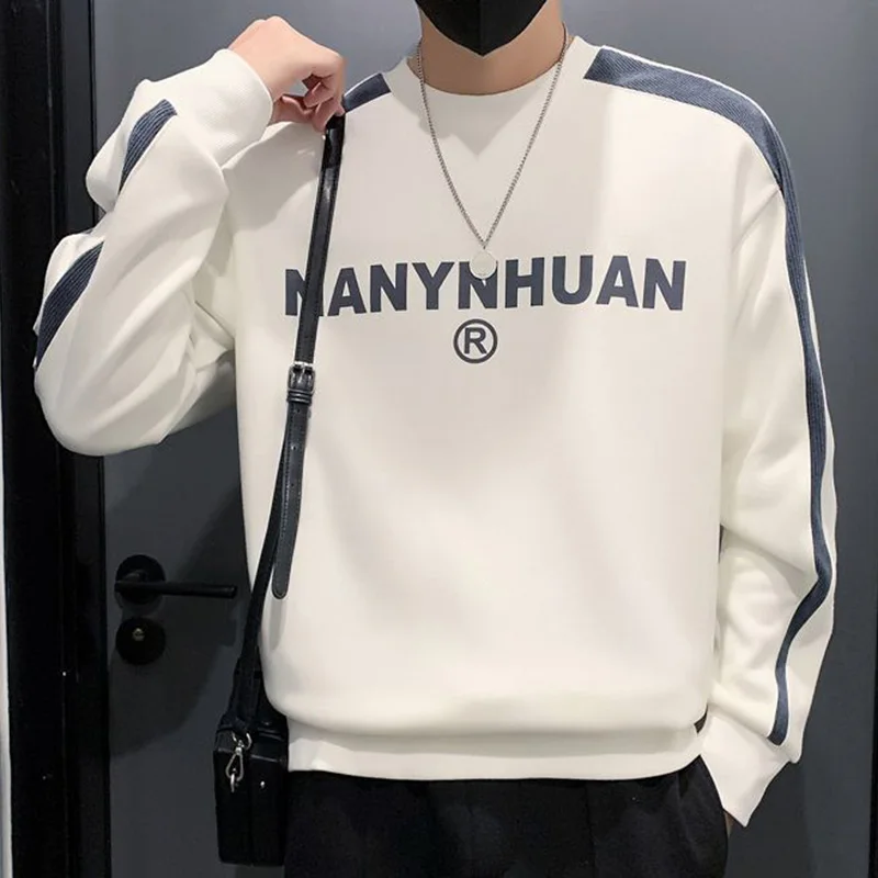 Fashion O-Neck Spliced Printed Letter T-Shirt Men\'s Clothing 2023 Autumn New All-match Casual Pullovers Loose Korean Tee Shirt