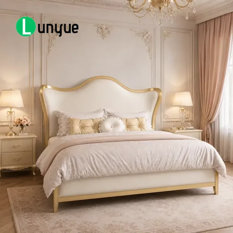 Modern Solid Wood Soft Bed King Size Champagne Gold Frame Luxury Upholstered Platform Bed Set for Master Bedroom Durable