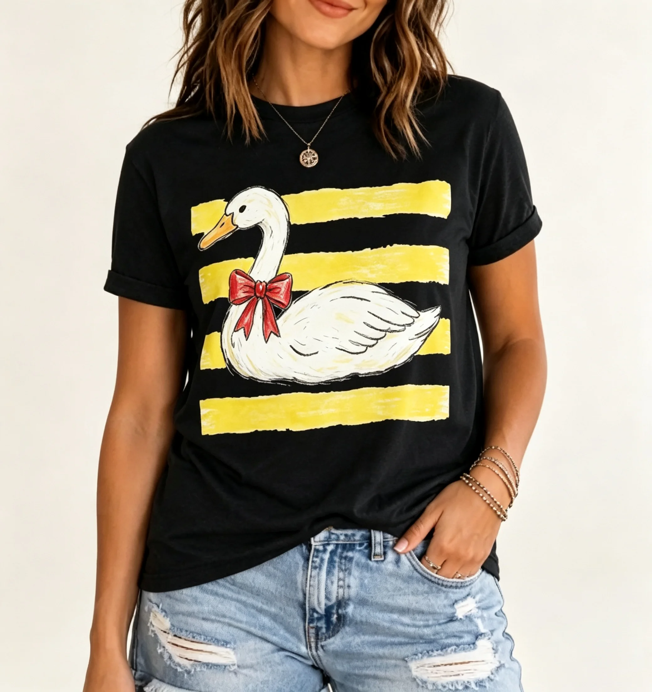 Cute White Swan With Red Bow Yellow Stripe Graphic T‑Shirt, Hand‑Drawn Retro Cartoon Women Casual Short Sleeve Tee