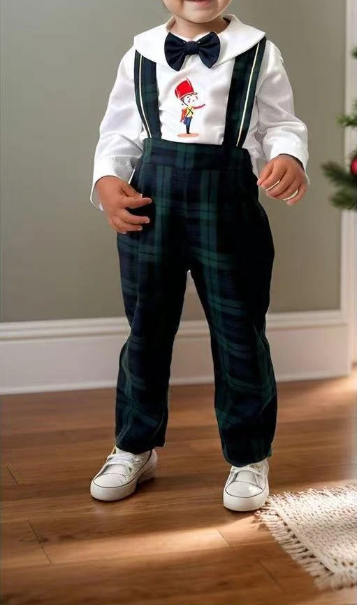 0-6Y Baby Boy Autumn Long Sleeves Nutcracker Embroidery Green Plaid Outfit Suit for Eid Causal Christmas C147