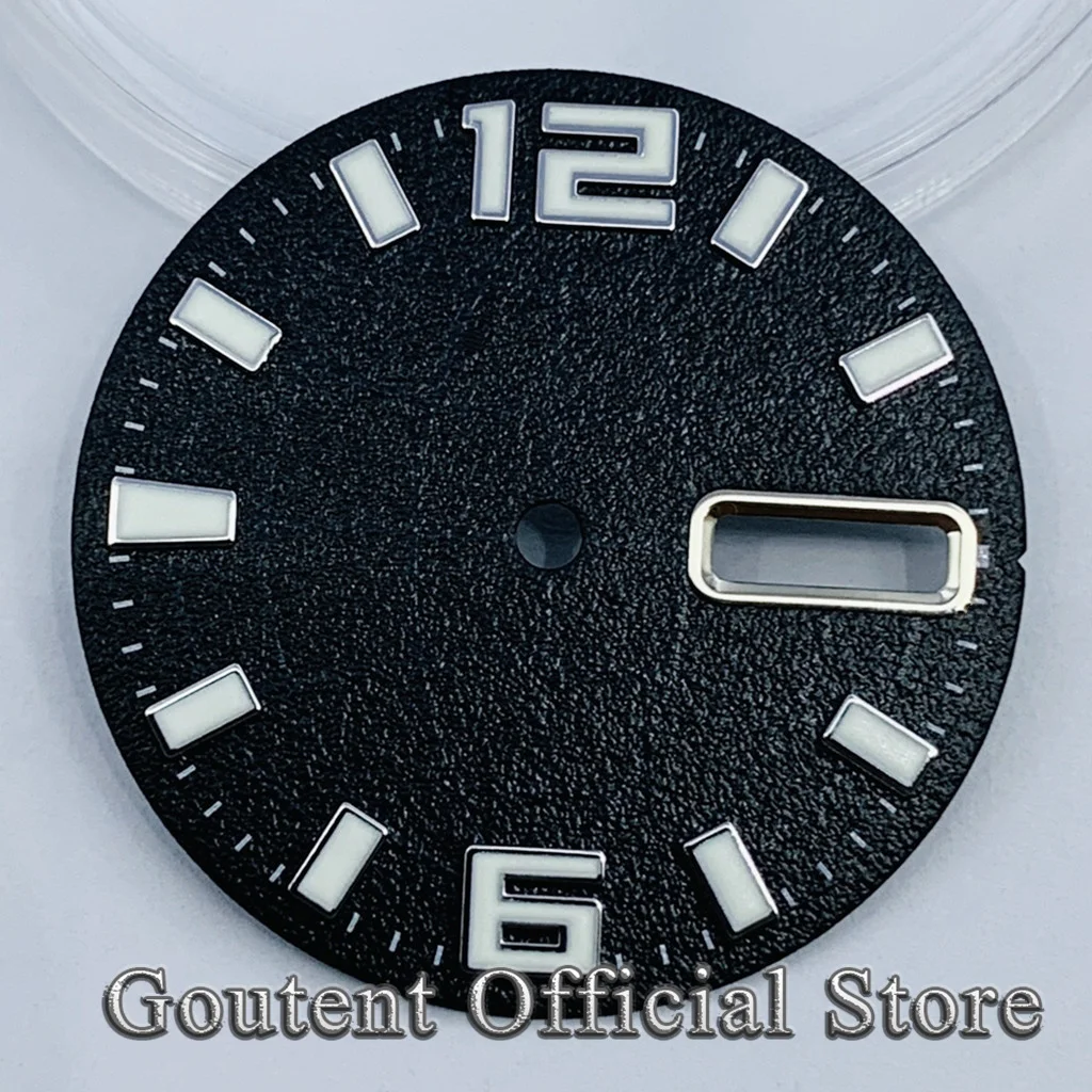 mostrador-de-relogio-preto-goutent-285-mm-​-movimento-nh36-luminoso-verde-com-janela-de-calendario-fit-3-horas-crown-38-horas-crown