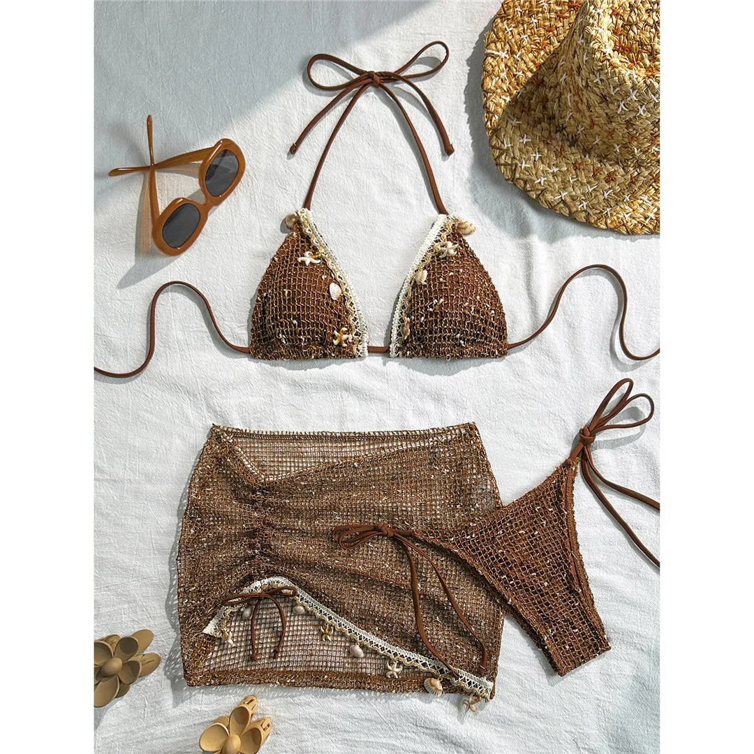 Mit Rock, gewelltem Ausschnitt, Neckholder-Bikini, Damen-Badebekleidung, dreiteiliges Bikini-Set, gepolsterter Badeanzug, Badeanzug, Schwimmanzug V8482 – Detail 4