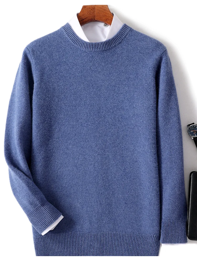 New Autumn Winter Men's O-Neck Pullover Knitted Sweater 100% Merino Wool Thick Solid Business Soft Warm Basic Clothing Tops