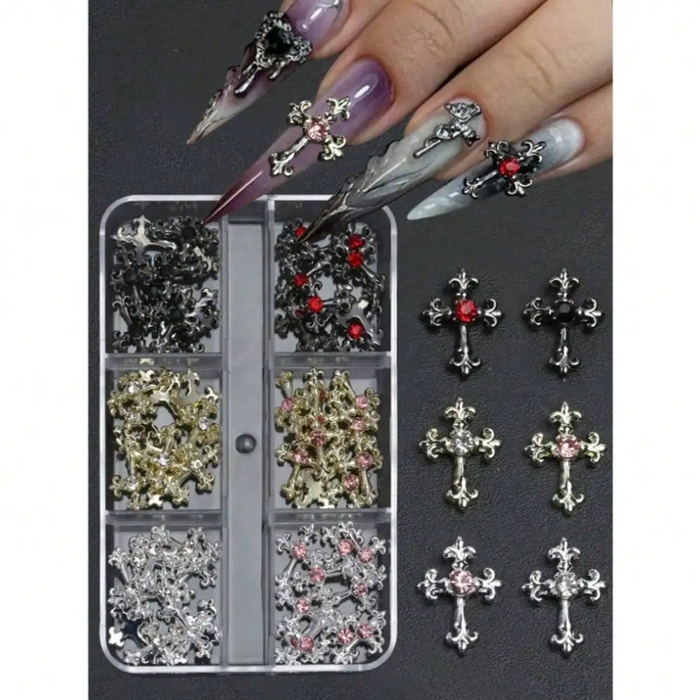 

60pcs Y2K Gold, Silver, Black Cross Nail Art Decoration Set, Rhinestone Alloy Nail Jewelry Accessories,