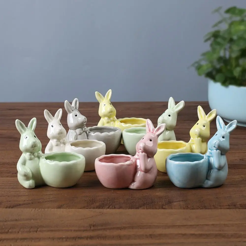 Ceramic Easter Rabbit Succulent Pots Egg Tray Holder Thumb Flower Pots Cartoon Rabbit Shape Egg Cup Easter Supplies