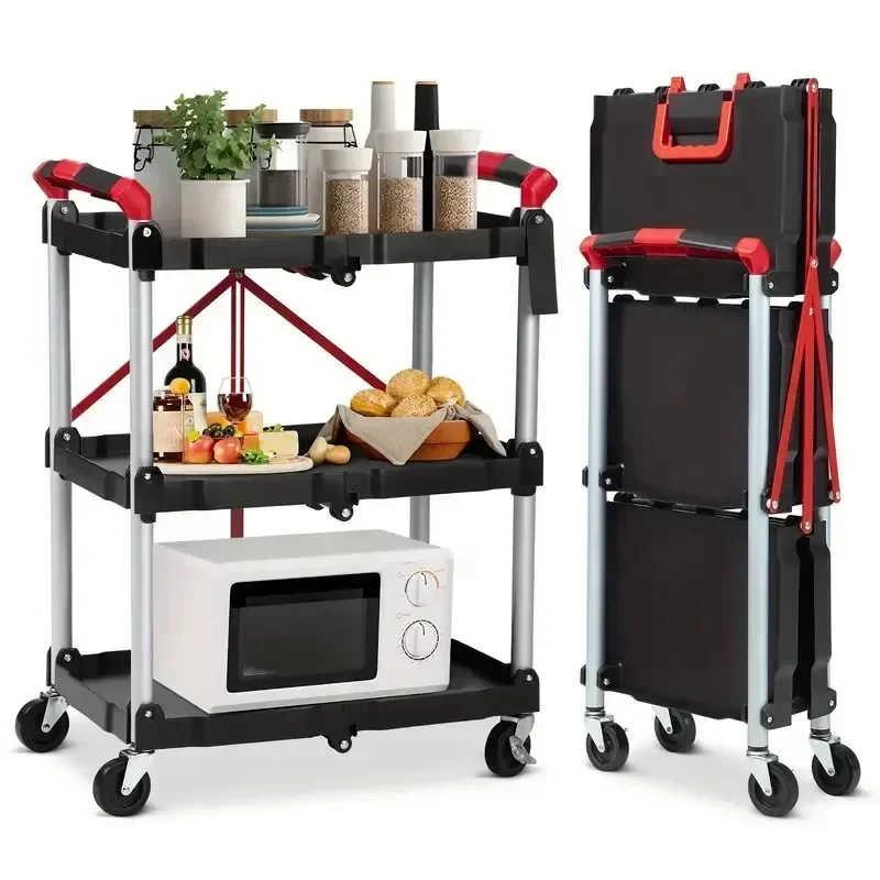 3-Tier Wheeled Portable Factory Direct Service Cart Low Duty Folding Utility Cart with Brakes for Kitchen Made Plastic Tool Use