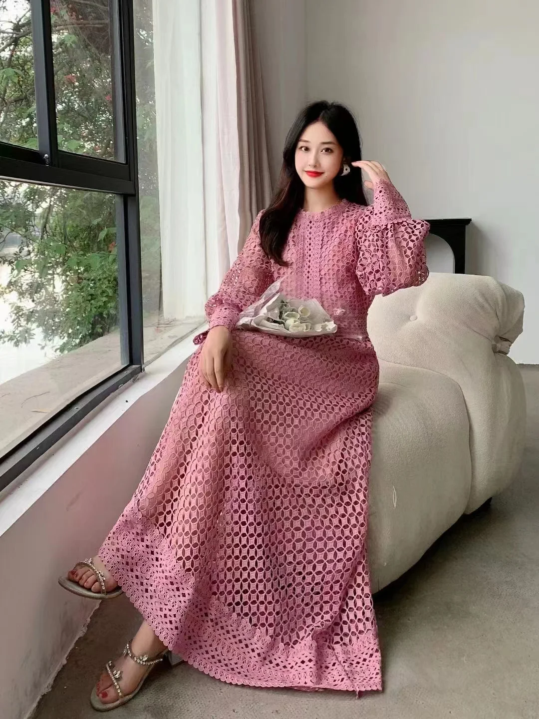 Embroidery Lace Evening Dresses Women 2023 Summer Autumn Hollow Out Long Sleeve Midi Party Vestidos Fashion Runway