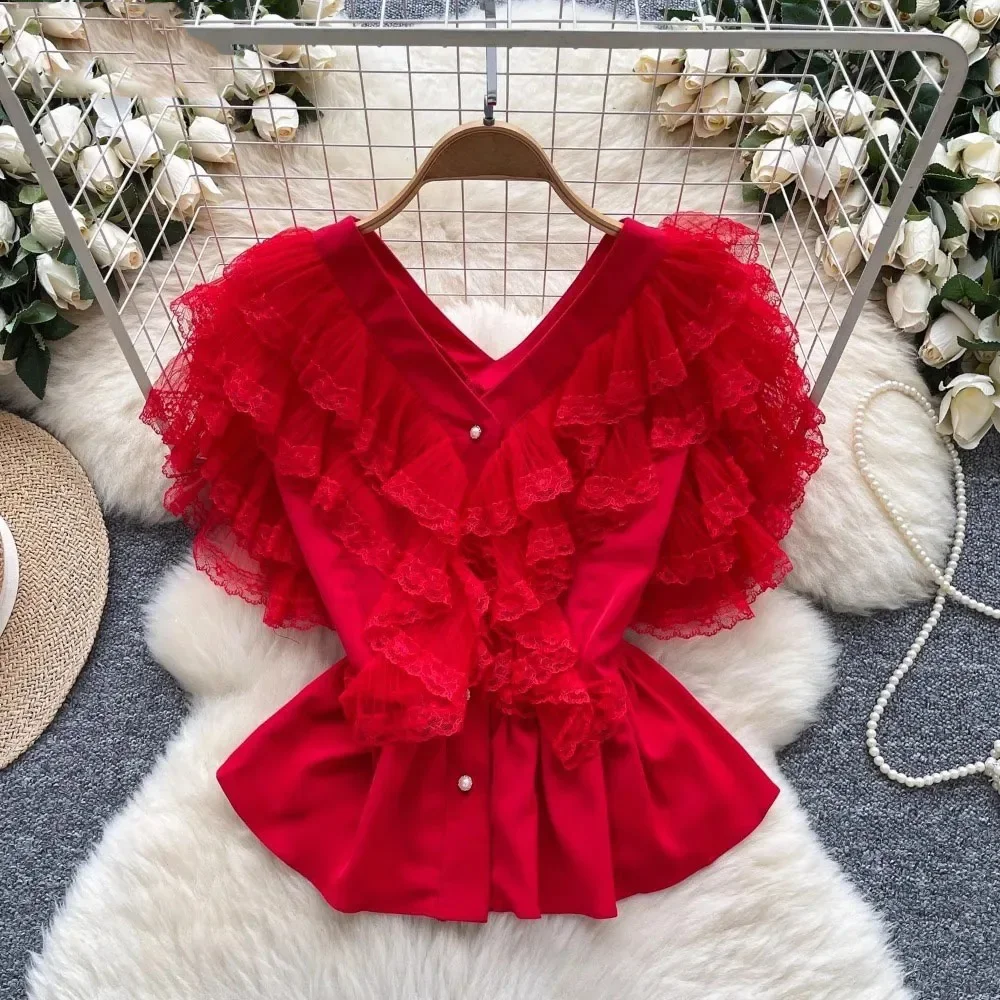 

Винтажная европейская рубашка меньшинств Spice Girls с v-образным вырезом, милые универсальные сетчатые блузки с оборками, уличная одежда, модные повседневные топы