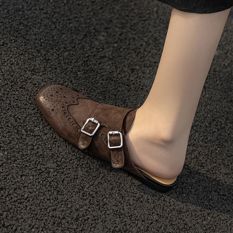 أحذية نسائية مسطحة من البغال البروغ أحذية على الطراز الأساسي من الجلد الطبيعي على الطراز البريطاني بمقدمة مستديرة نصف شباشب أحذية ربيع الخريف #3