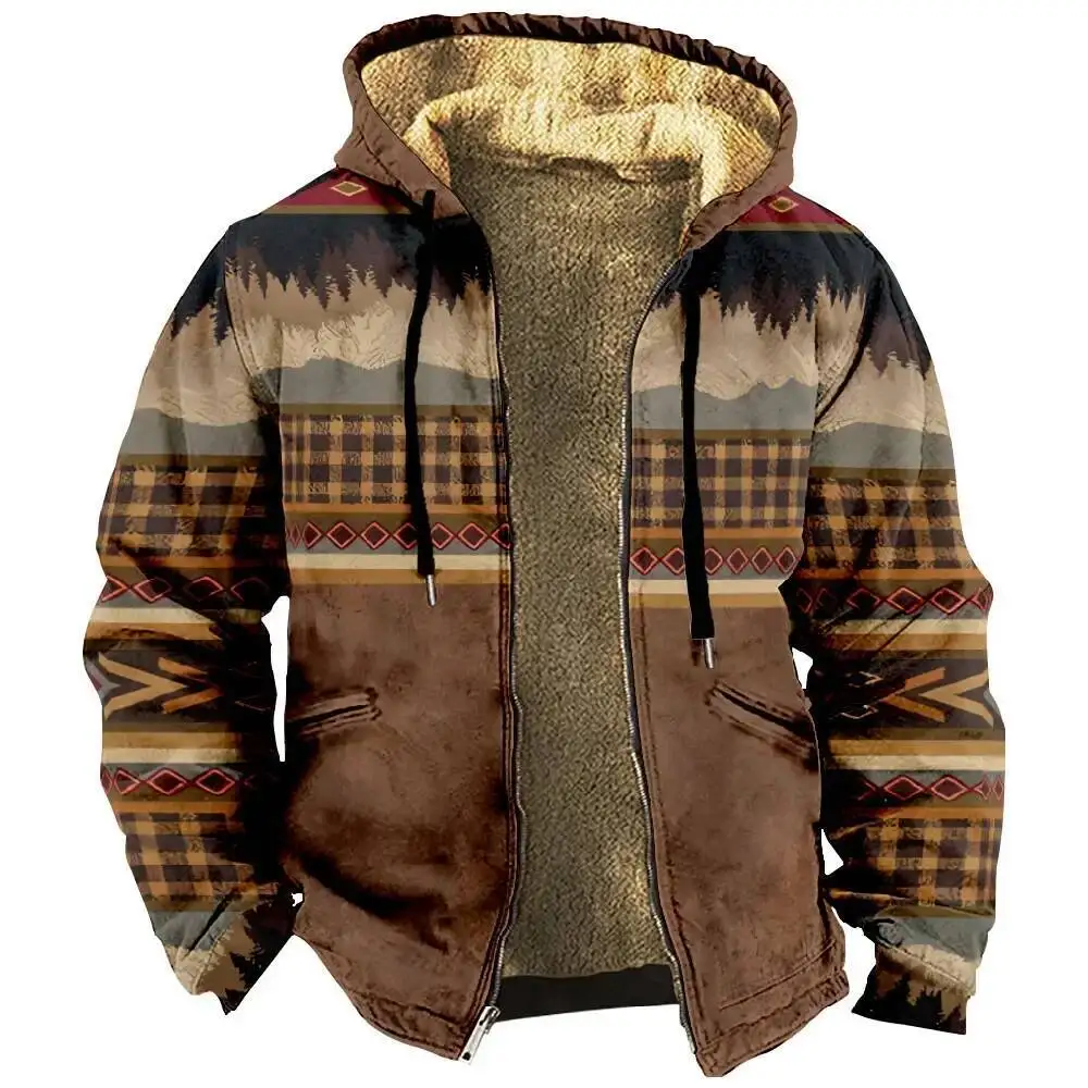 

2025 New Cross-Border Vintage Printing Casual Fashion Men's T-Shirt Fleece Lining Zipper Up Jacket From China Mainland