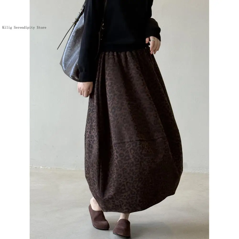 Spring and Autumn Simple Commuting Retro Leopard Print High Waisted Hip Hugging A-Line Skirt for Women
