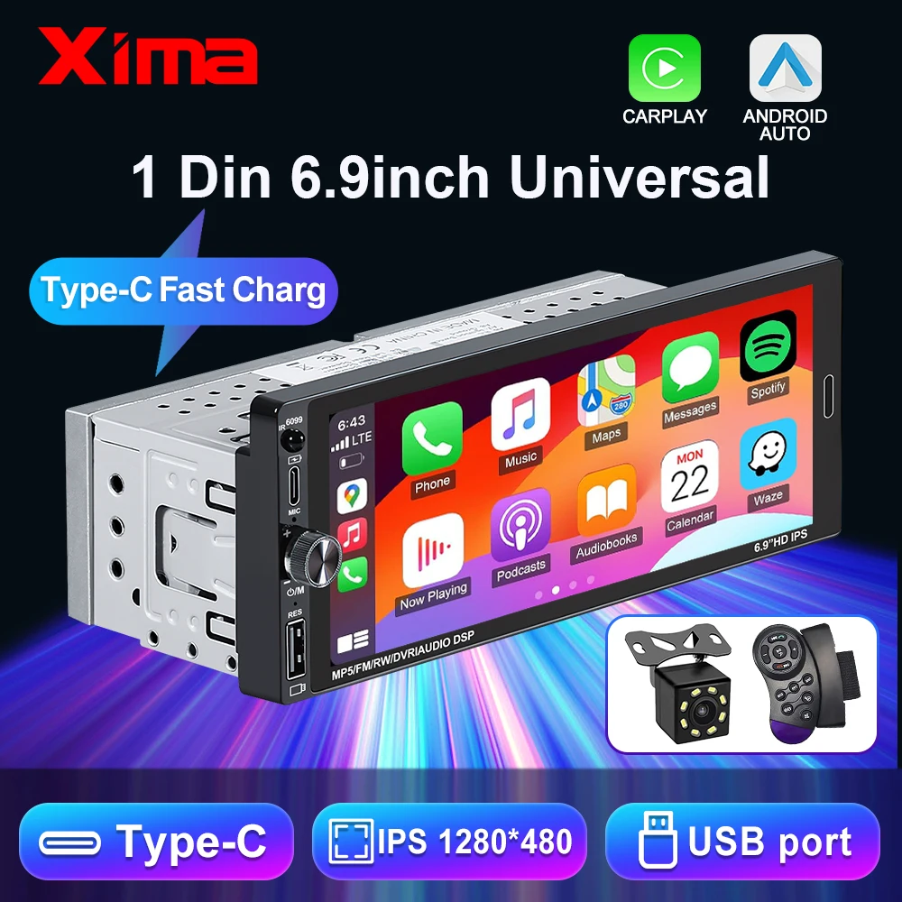 LEHX 6.9 "لاسلكي/سلكي CarPlay أندرويد السيارات العالمي 1 Din راديو السيارة الوسائط المتعددة فيديو MP5 لاعب FM ستيريو استقبال BT