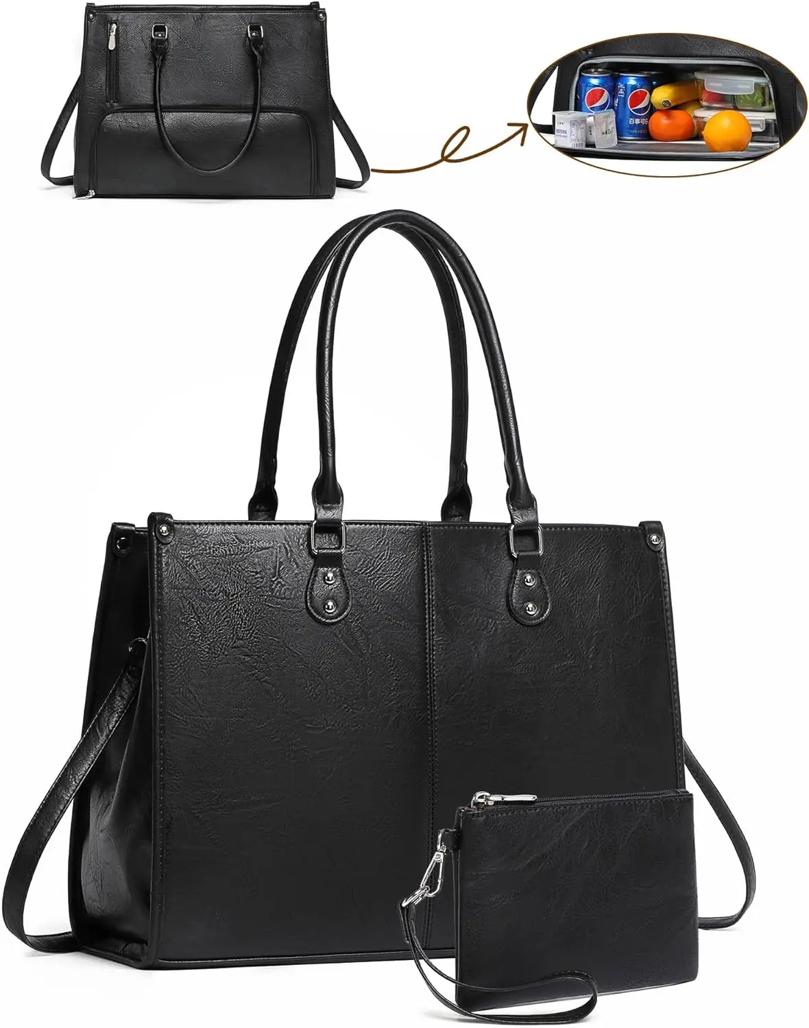 2 in 1 Laptop Tote Bag with Insulated Lunch Compartment for Women Work, PU Leather Lunch Bag with 15.6 Inch Computer Compartment view 2