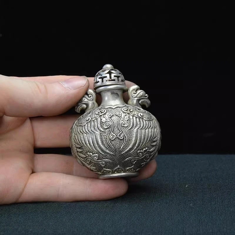 6 Styles Exquisite Carved Dragon Bird Pattern White Copper Snuff Bottle Decoration