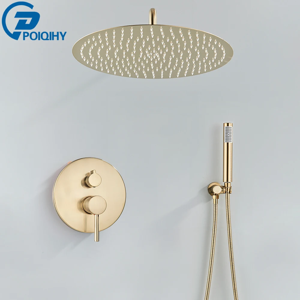 Brushed Gold Shower Faucet Embedded In 2 Ways Shower Mixers Wall Mounted Rainfall Bathroom Shower Tap Stainless Steel Head