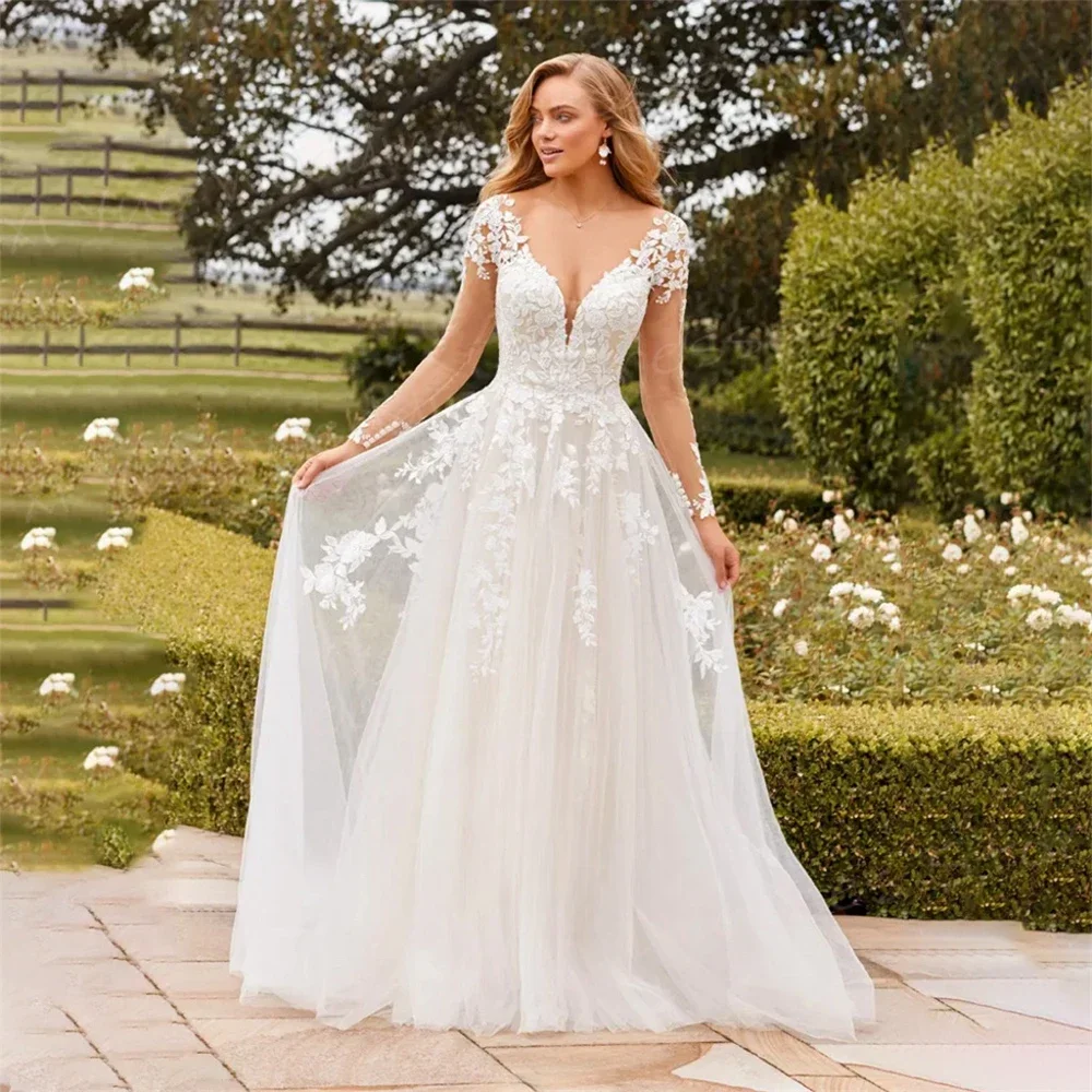 

Customized Charming V Neck A Line Women's Wedding Dresses Appliques Lace Bride Gowns Long Sleeve Backless Vestido De Noivas
