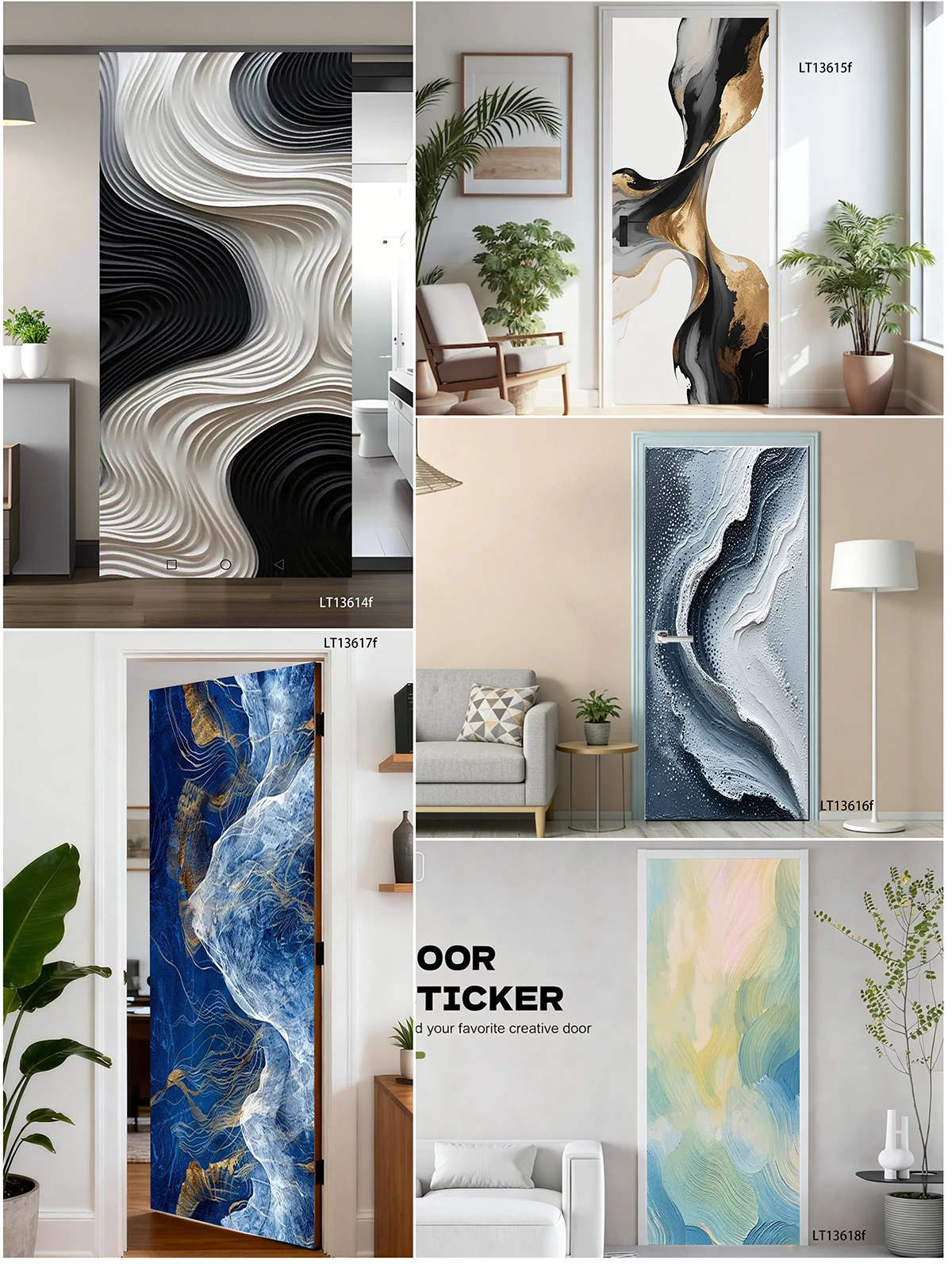 Black White Swirl Abstract Oil Painting Door Sticker Waterproof Self Adhesive Decal Tear Resistant Indoor Home Door Wrap Decor