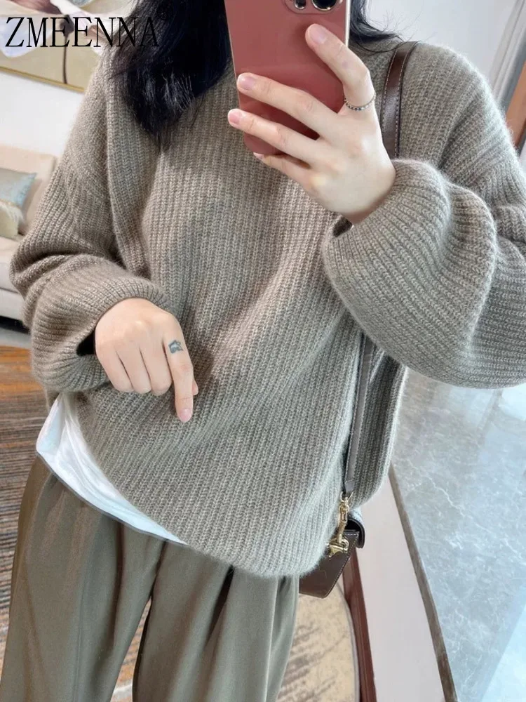 

ZMEENNA Womens Casual Brown Ribbed Knit Sweater Loose Fit Crewneck Long Balloon Sleeves Pullover Winter Top ZM3681