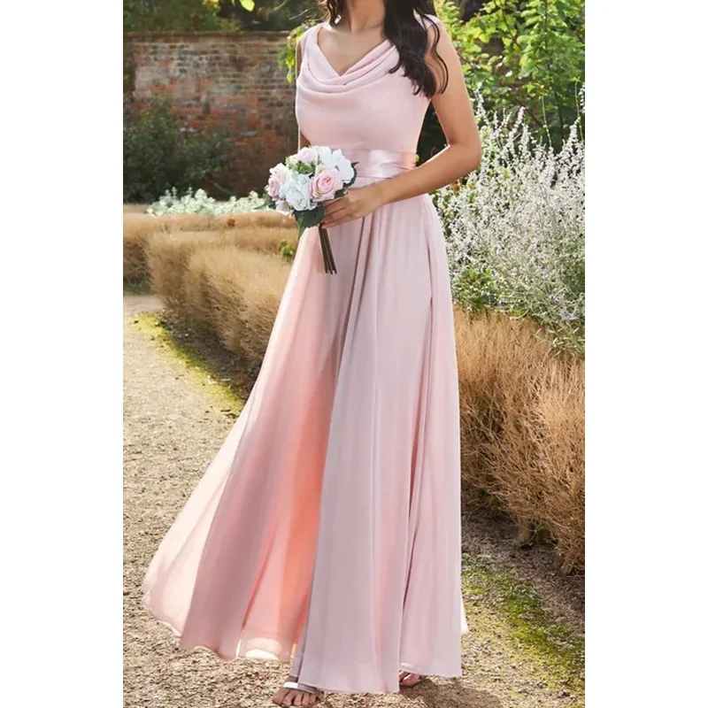 Gorgeous Chiffon Maxi Bridesmaid Dress with Cowl Neck and Off Shoulder Design for Wedding