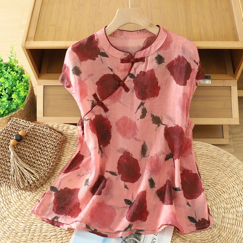 

Новая летняя хлопково-льняная универсальная футболка в стиле ретро с наклонными пуговицами в этническом стиле, тонкая футболка Quali, хорошее качество, свободная посадка для женщин irt