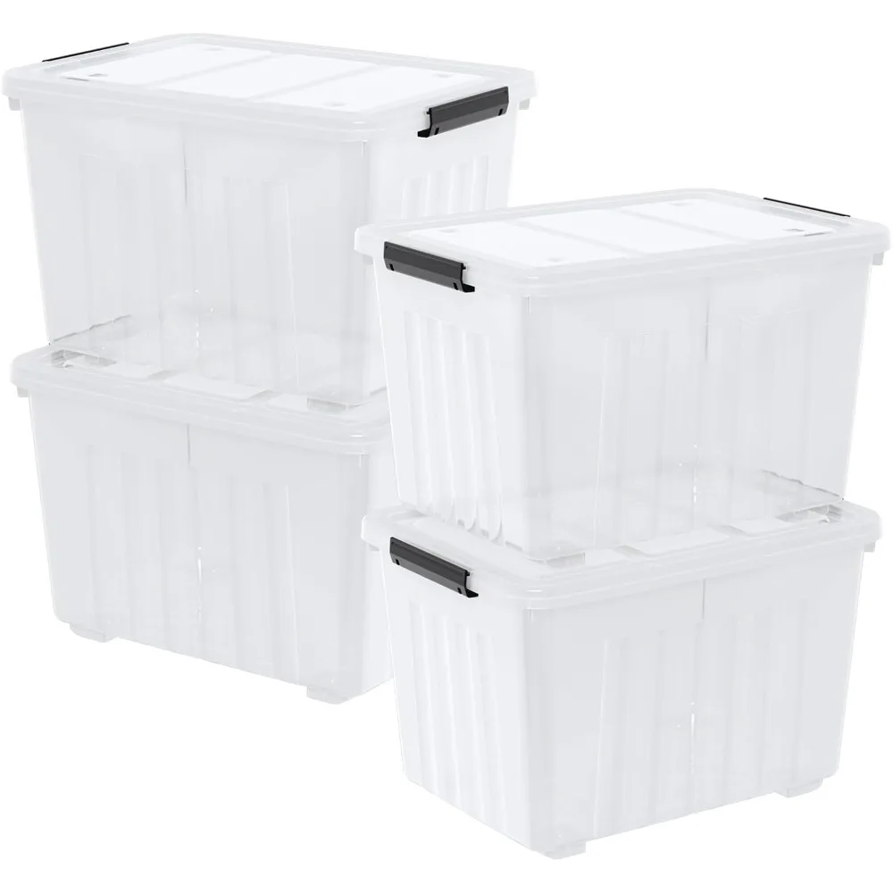 

Large 70 L Plastic Stackable Storage Bins with Wheels and Latching Lid, Clear Storage Container Tote