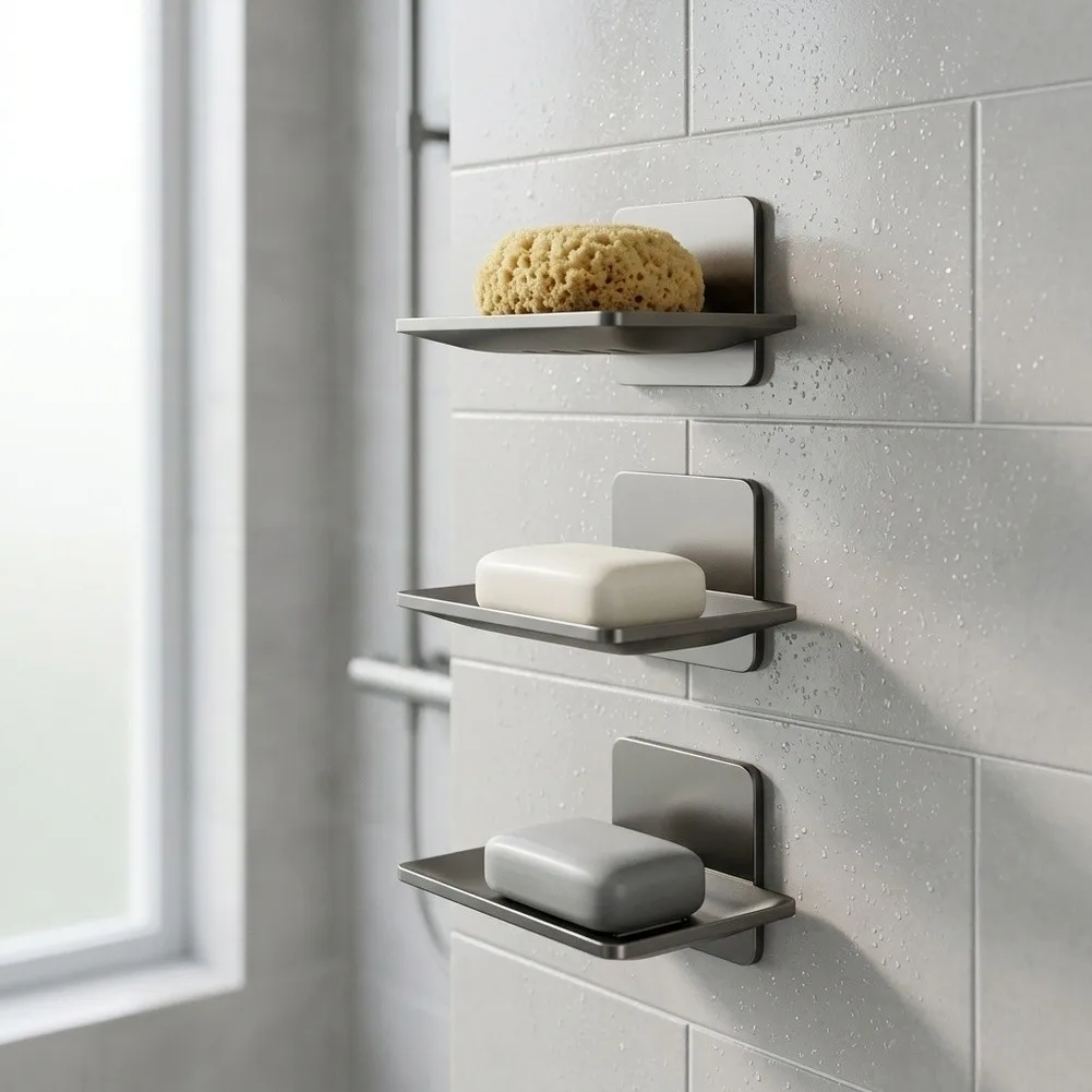 Wall Mounted Soap Dish Set for Bathroom Essentials Including Soap Sponge and Loofah with Sleek Gunmetal Gray Finish