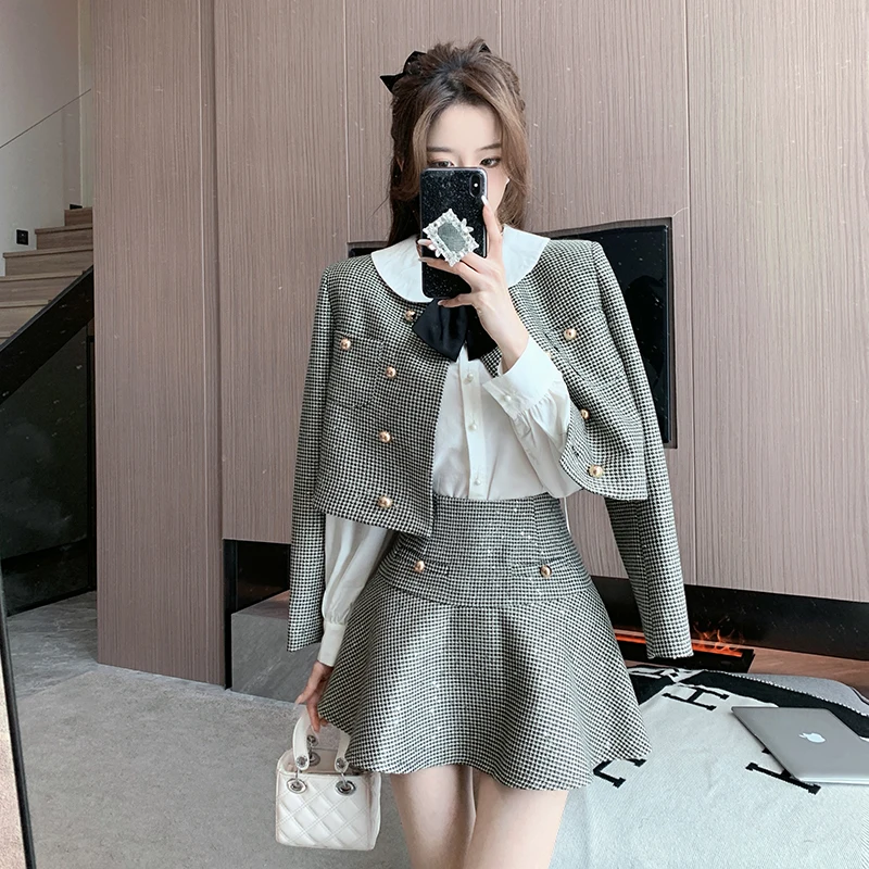 Women Chic Fashion Sequin Y2K Suit Jacke Coat White Shirt Top And Mini Skirt Three Piece Set Outfit Sequin Plaid 2023 Clothing