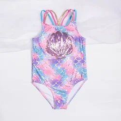 Children Swimwear Girls Mermaid One-piece Swimsuit Shell Sequin Kids Swim Bathing Suits 4-14 Years Teenager Fashion Beachwear