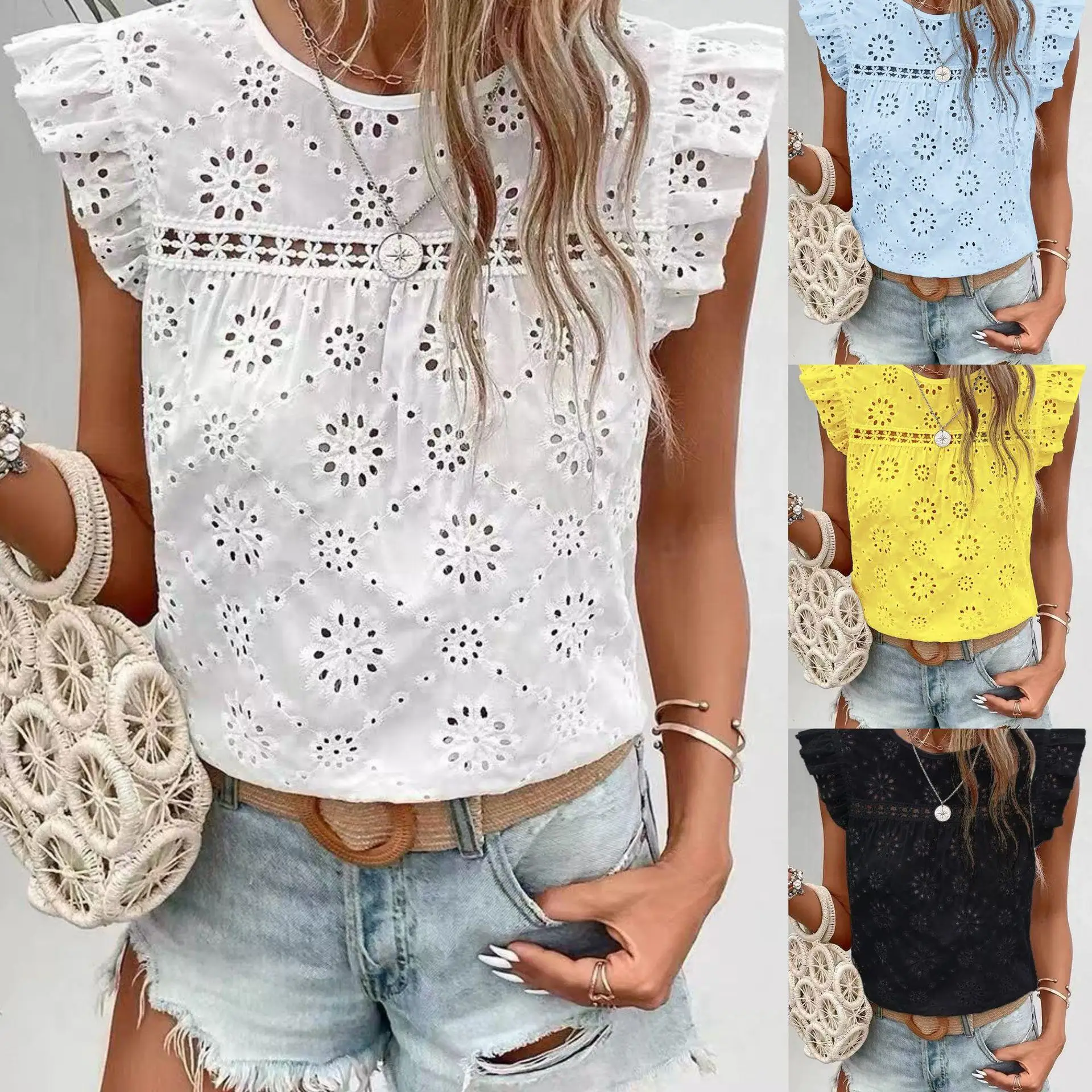 

Lotus Leaf Sleeveless Hollowed out T-Shirt for Women Vintage Style Unbranded Women's Shirt No Sleeve Resistant to Deform...